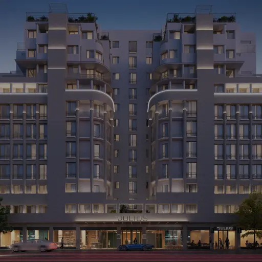 The Julius Bucharest at dusk — official visualisation